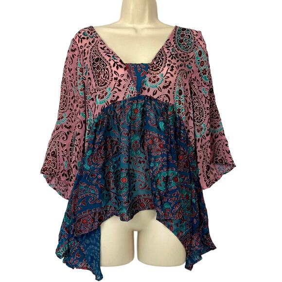 Floreat Tops - Floreat Anthropologie Top Small Valo Boho Paisley Burnout Bell Sleeve Silk Bld